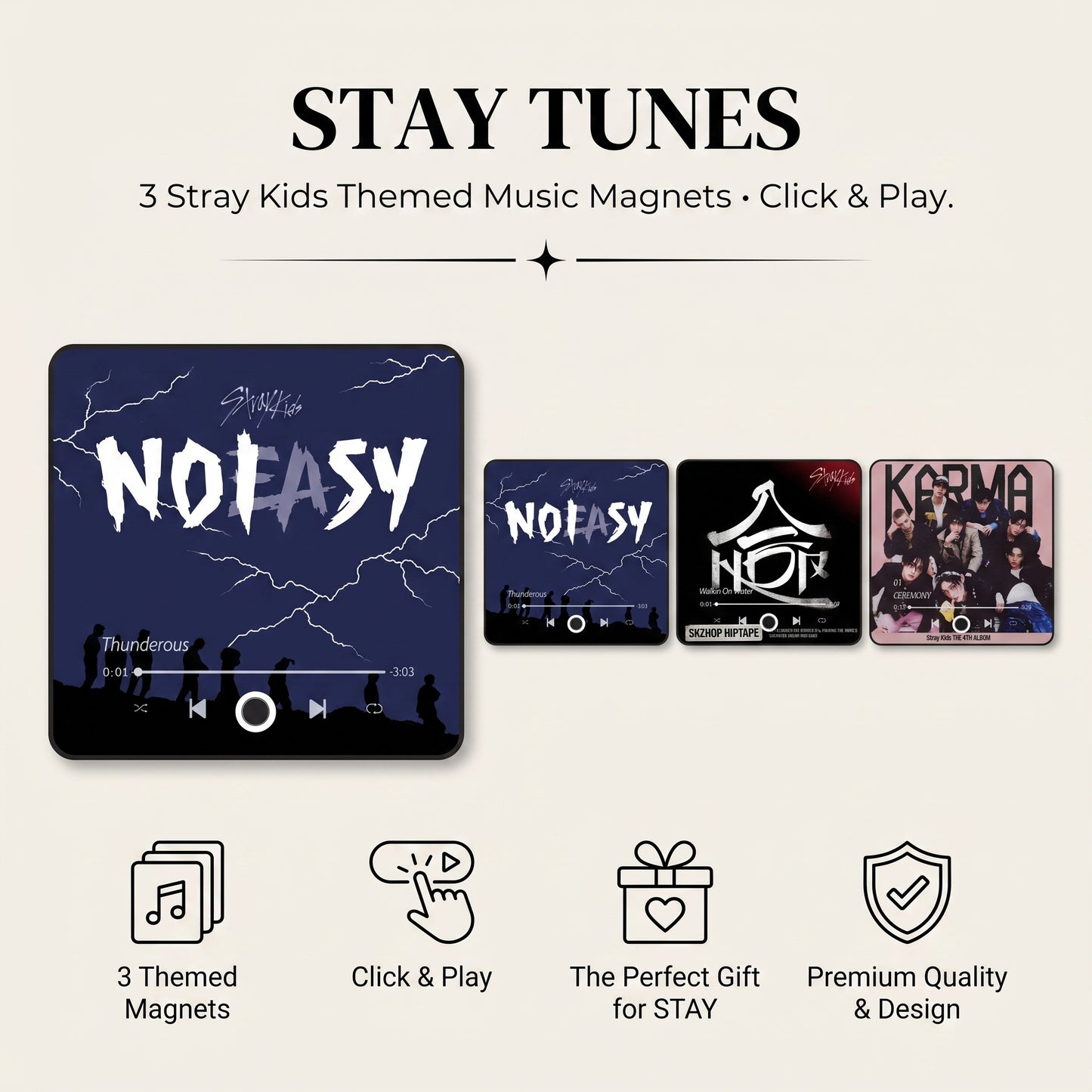 Three Stray Kids album art music magnets fanned out - NOEASY Thunderous, HOP Walkin On Water, and KARMA Ceremony