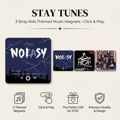 Three Stray Kids album art music magnets fanned out - NOEASY Thunderous, HOP Walkin On Water, and KARMA Ceremony