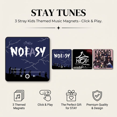 Three Stray Kids album art music magnets fanned out - NOEASY Thunderous, HOP Walkin On Water, and KARMA Ceremony