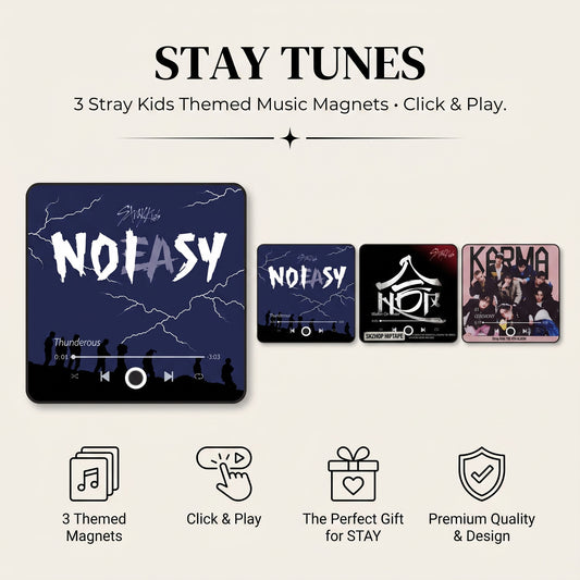 Three Stray Kids album art music magnets fanned out - NOEASY Thunderous, HOP Walkin On Water, and KARMA Ceremony